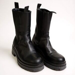 Topshop Black Leather Chelsea Boots Chunky Lug Sole Ankle Boots Women US 6EU 36